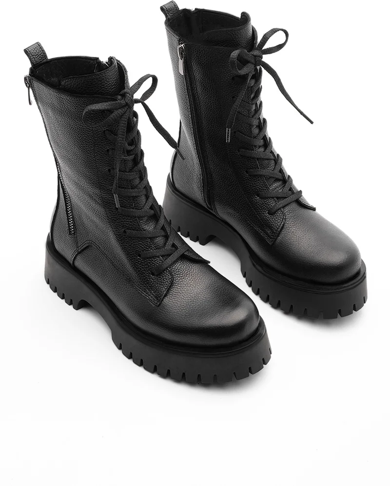 MARJIN Women's Leather Combat Boots Thick Treaded Sole Zippered Lace-Up Casual Boots Orben