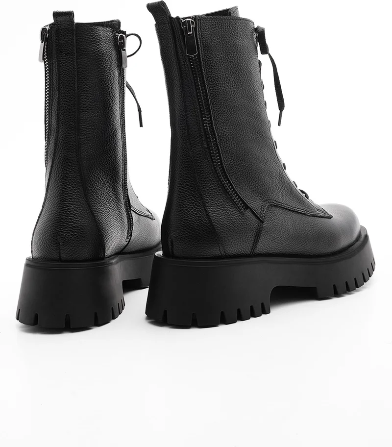 MARJIN Women's Leather Combat Boots Thick Treaded Sole Zippered Lace-Up Casual Boots Orben