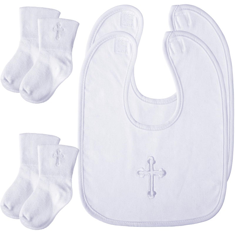 Jiuguva Jiuguva 4 Pcs Baptism Gifts for Boys Girls Christening Bibs and Socks Set White Embroidered Cross Baptism Outfit for Baby612month