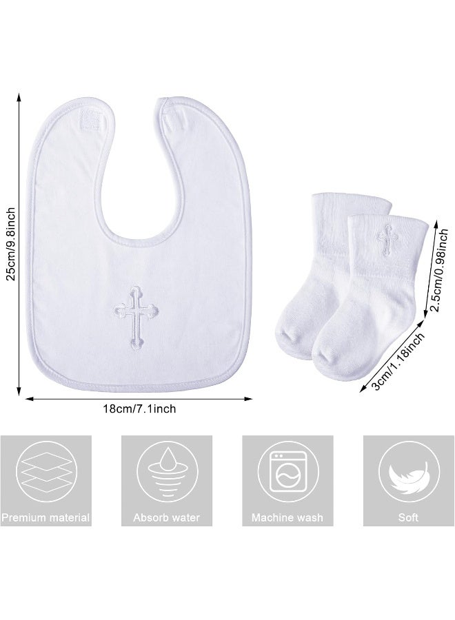 Jiuguva 4 Pcs Baptism Gifts for Boys Girls, Christening Bibs and Socks Set White Embroidered Cross Baptism Outfit for Baby - Image 2