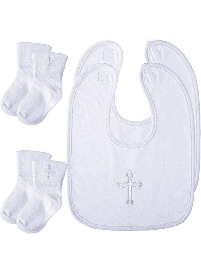 Jiuguva 4 Pcs Baptism Gifts for Boys Girls, Christening Bibs and Socks Set White Embroidered Cross Baptism Outfit for Baby - Image 1