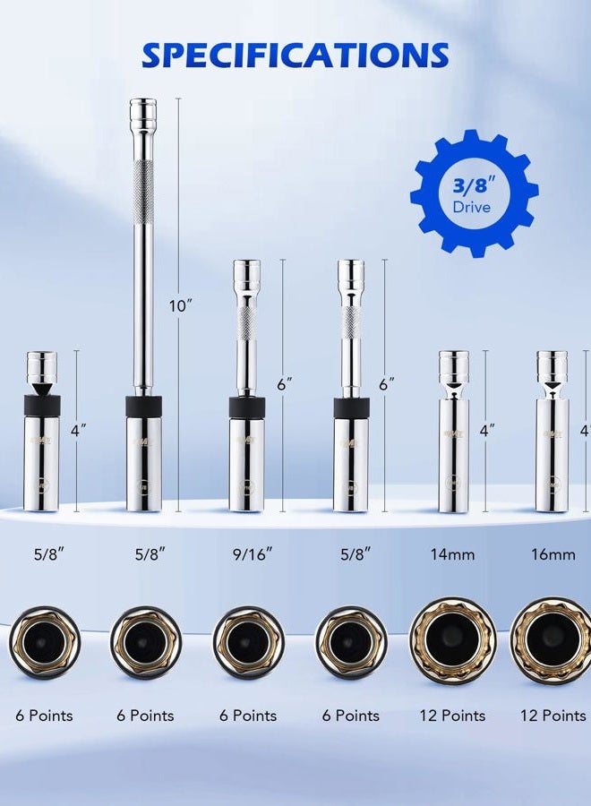 Orion Motor Tech 6pc 3/8" Drive Magnetic Swivel Spark Plug Socket Set, Thin Wall Spark Plug Sockets with 9/16" 5/8" 14mm 16mm Sizes, Cr-V Steel Magnetic Spark Plug Socket Set with 6 Point & 12 Point - Image 3