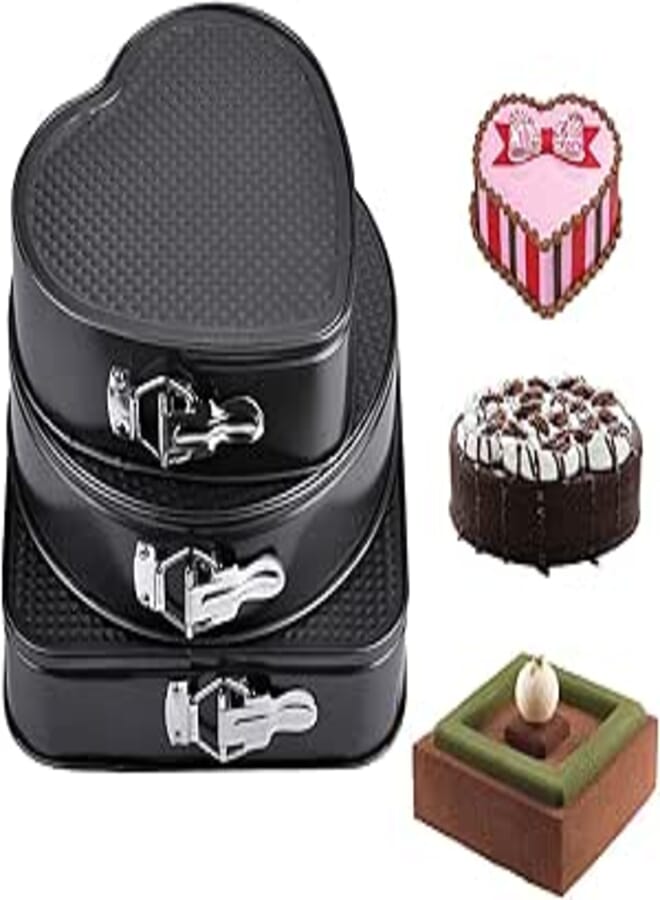WarmHut Springform Cake Pan Set, Round and Square Heart Shape Cake Pan Set of 3 (8/9/10 Inch) Black
