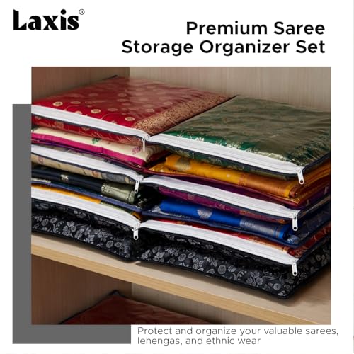 LAXIS® Non-Woven Printed Single Saree Cover, Saree Bag Pack of 10Pcs, Transparent Saree Covers With Zip, Saree Covers For Storage, Wardrobe Organiser, Size-36x42x2cm (Black) - Image 3