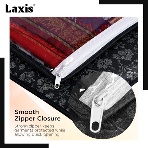 LAXIS® Non-Woven Printed Single Saree Cover, Saree Bag Pack of 10Pcs, Transparent Saree Covers With Zip, Saree Covers For Storage, Wardrobe Organiser, Size-36x42x2cm (Black) - Image 5