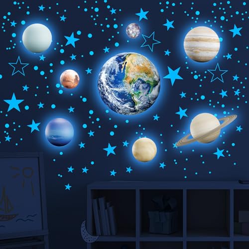 Robmoda Glow in The Dark Stars Solar System Wall Decals, The Earth Wall Stickers for Bedroom, Baby Nursery Planets Sticker Decoration for Ceiling (Blue) - Image 2