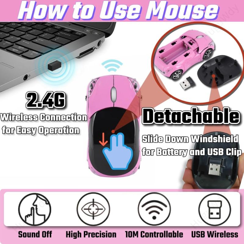 فأرة ضوئية لاسلكية: على شكل سيارة لطيفة، مستقبل USB بتقنية 2.4 جيجاهرتز، دقة 1600 نقطة بوصة-مدى 10 أمتار، تصميم خفيف الحجم وضيق الحجم - مصابيح LED، توفر الطاقة لجهاز الكمبيوتر المحمول، اللابتوب، اللوحة اللوحية، ويندوز، ماك، للنساء والأطفال - Image 2