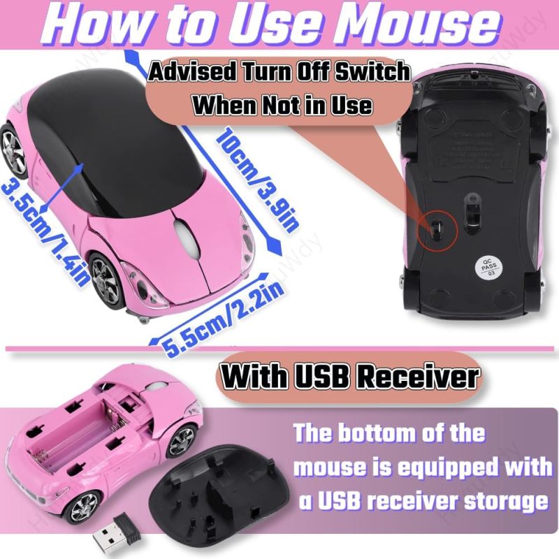 فأرة ضوئية لاسلكية: على شكل سيارة لطيفة، مستقبل USB بتقنية 2.4 جيجاهرتز، دقة 1600 نقطة بوصة-مدى 10 أمتار، تصميم خفيف الحجم وضيق الحجم - مصابيح LED، توفر الطاقة لجهاز الكمبيوتر المحمول، اللابتوب، اللوحة اللوحية، ويندوز، ماك، للنساء والأطفال - Image 3