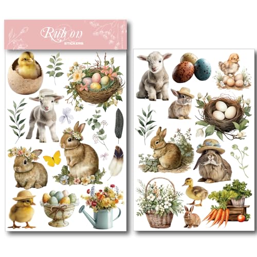 CATaireen Spring Easter Crafts Rub On Transfers Sticker Vintage Floral Farm Rabbit Cow Decal DIY Egg Cute Bunny Use for Fabric Clay Paper Wood Holiday Scrapbooking Embellishments Small 2 Sheets - Image 1
