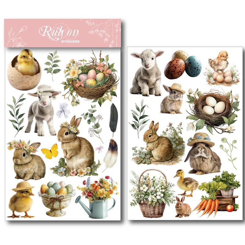 CATaireen Spring Easter Crafts Rub On Transfers Sticker Vintage Floral Farm Rabbit Cow Decal DIY Egg Cute Bunny Use for Fabric Clay Paper Wood Holiday Scrapbooking Embellishments Small 2 Sheets - Image 3