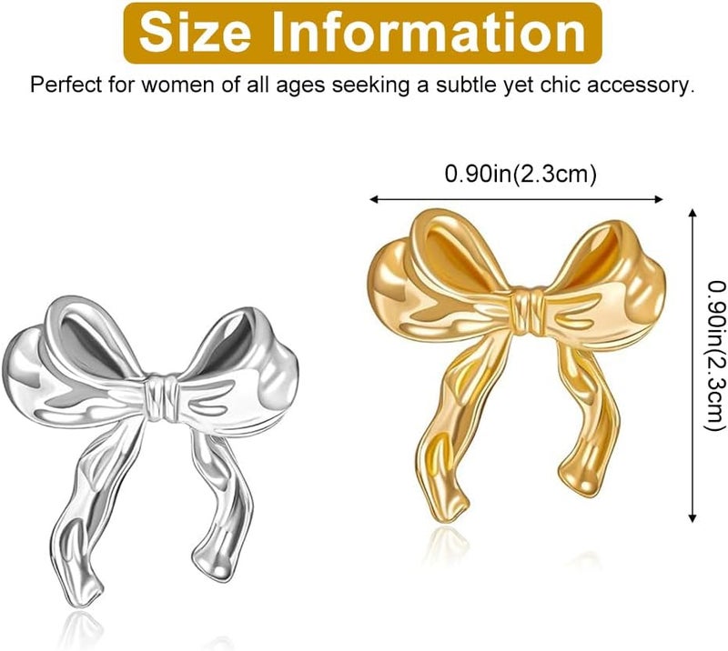 HANNEA® 2 Pairs Studs Earrings for Women Girls Metal Bow Earstuds Elegant Bowknot Studs Earrings Girls Jewelry Gift - Golden & Silver - Image 2