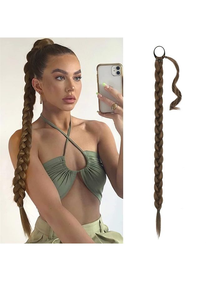 BARSDAR إكستنشن ذيل حصان مضفر بطول 34 إنش مع رباط شعر، إكستنشن شعر مستقيم، ذيل حصان، قطعة شعر صناعية ناعمة وطبيعية للنساء والفتيات - بني متوسط مع أشقر غامق - Image 1