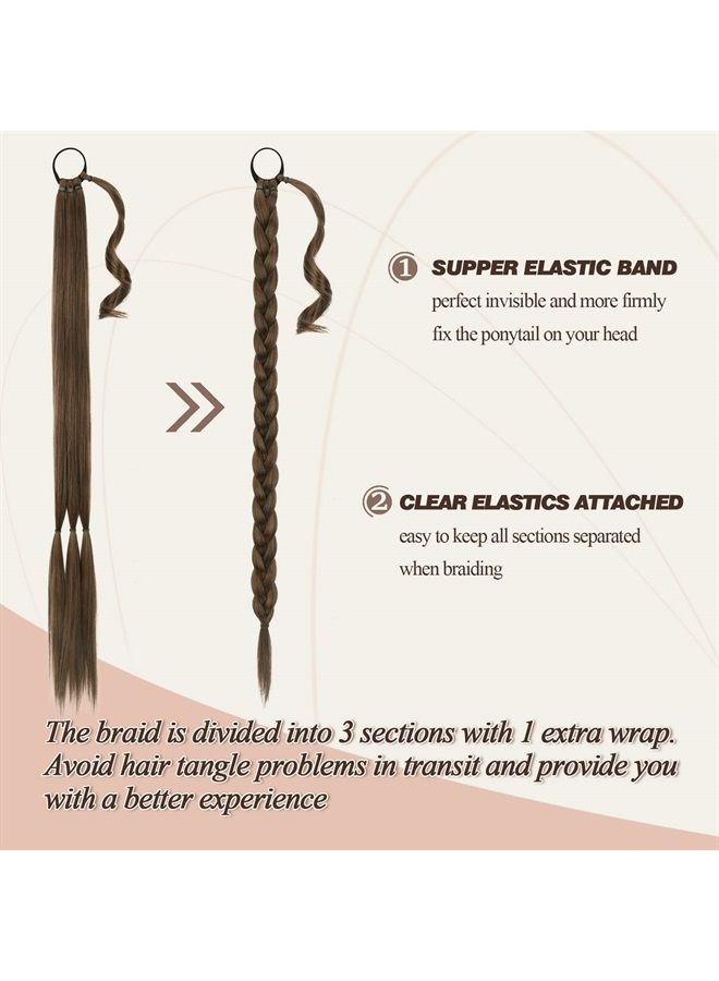 BARSDAR إكستنشن ذيل حصان مضفر بطول 34 إنش مع رباط شعر، إكستنشن شعر مستقيم، ذيل حصان، قطعة شعر صناعية ناعمة وطبيعية للنساء والفتيات - بني متوسط مع أشقر غامق - Image 2