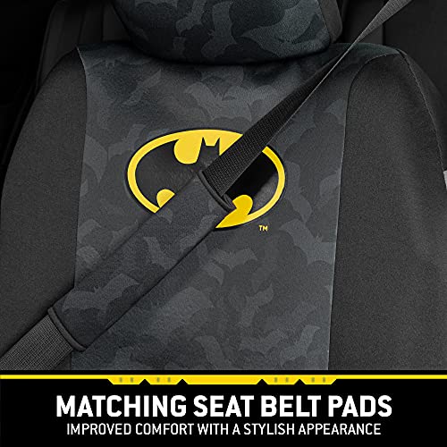 BDK أغطية مقاعد أمامية من باتمان من وارنر بروس DC كوميكس مع وسائد حزام الأمان - تناسب عالمي للشاحنات وسيارات الدفع الرباعي والفانات والسيدان - مجموعة ملحقات السيارة وأفكار هدايا، إشارة باتمان، واقي مقعد فارس الظلام - Image 5