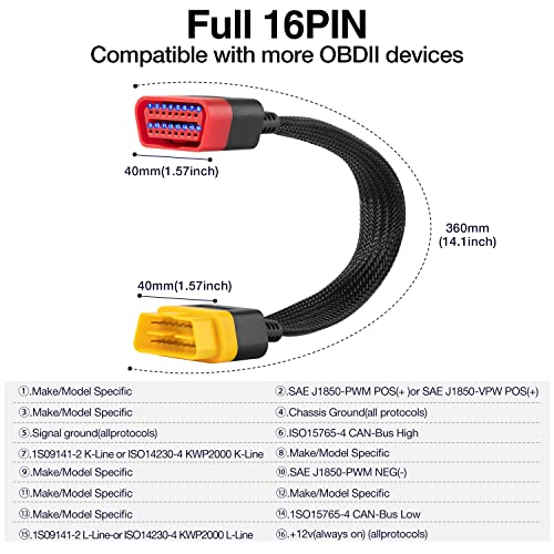 LAUNCH OBD2 Extension Cable Full 16Pin Male to Female OBDII Extend Cable for Car OBD Diagnostic Extender Cord Connector Reinforced Nylon Material (36CM/1.2FT) - Image 2