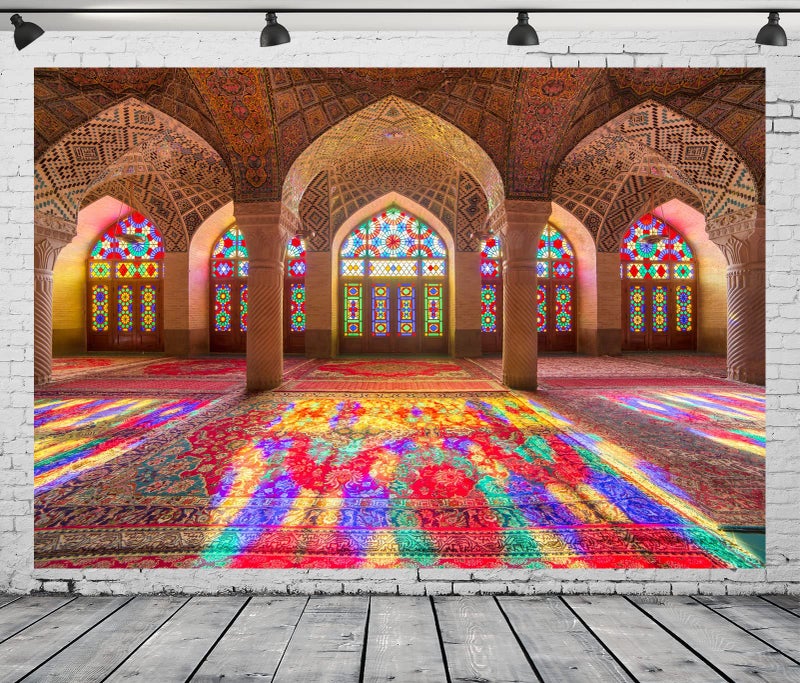 BELECO 7x5ft Fabric Moroccan Backdrop Vintage Medieval Palace Backdrop Pink Mosque Great Hall Columns with Arches Arabian Background Moroccan Birthday Wedding Party Decor Portrait Photo Props - Image 2