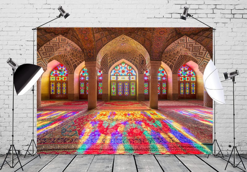 BELECO 7x5ft Fabric Moroccan Backdrop Vintage Medieval Palace Backdrop Pink Mosque Great Hall Columns with Arches Arabian Background Moroccan Birthday Wedding Party Decor Portrait Photo Props - Image 3