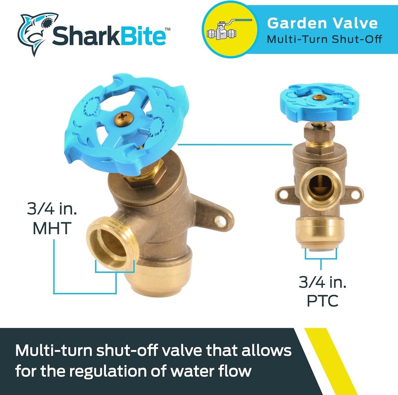 SharkBite 3/4 Inch x 3/4 Inch MHT Garden Valve, Multi Turn, Push to Connect Brass Plumbing Fitting, PEX Pipe, Copper, CPVC, PE-RT, HDPE, 24623LF - Image 2