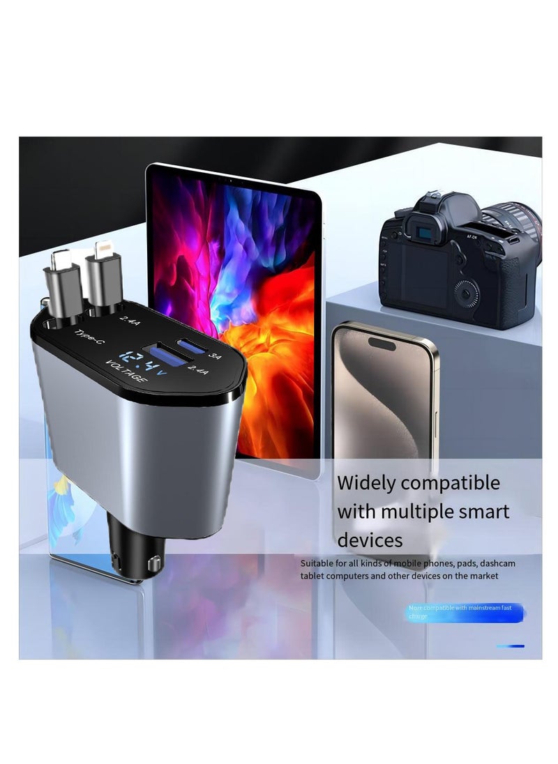 NIBEMINENT - 4-in-1 Retractable Car Charger With USB&Type-C&Lightning-Digital Display Cigarette Lighter,12/24V 120W Car Charger Adapter,Supports PD Fast Charging,Compatible with iPhone,Huawei,Honor,Samsung,Galaxy, - Image 1