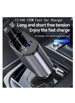 4-in-1 Retractable Car Charger With USB&Type-C&Lightning-Digital Display Cigarette Lighter,12/24V 120W Car Charger Adapter,Supports PD Fast Charging,Compatible with iPhone,Huawei,Honor,Samsung,Galaxy, - pzsku/ZA17F9F8F4B2E09AFDAF1Z/45/_/1715674217/a95ce559-9415-4e14-b341-dcbd0a30349b