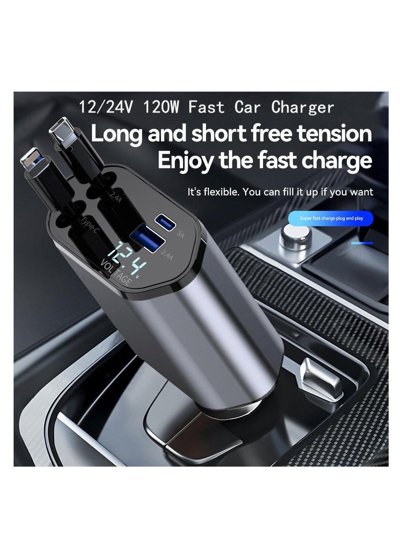 NIBEMINENT - 4-in-1 Retractable Car Charger With USB&Type-C&Lightning-Digital Display Cigarette Lighter,12/24V 120W Car Charger Adapter,Supports PD Fast Charging,Compatible with iPhone,Huawei,Honor,Samsung,Galaxy, - Image 1