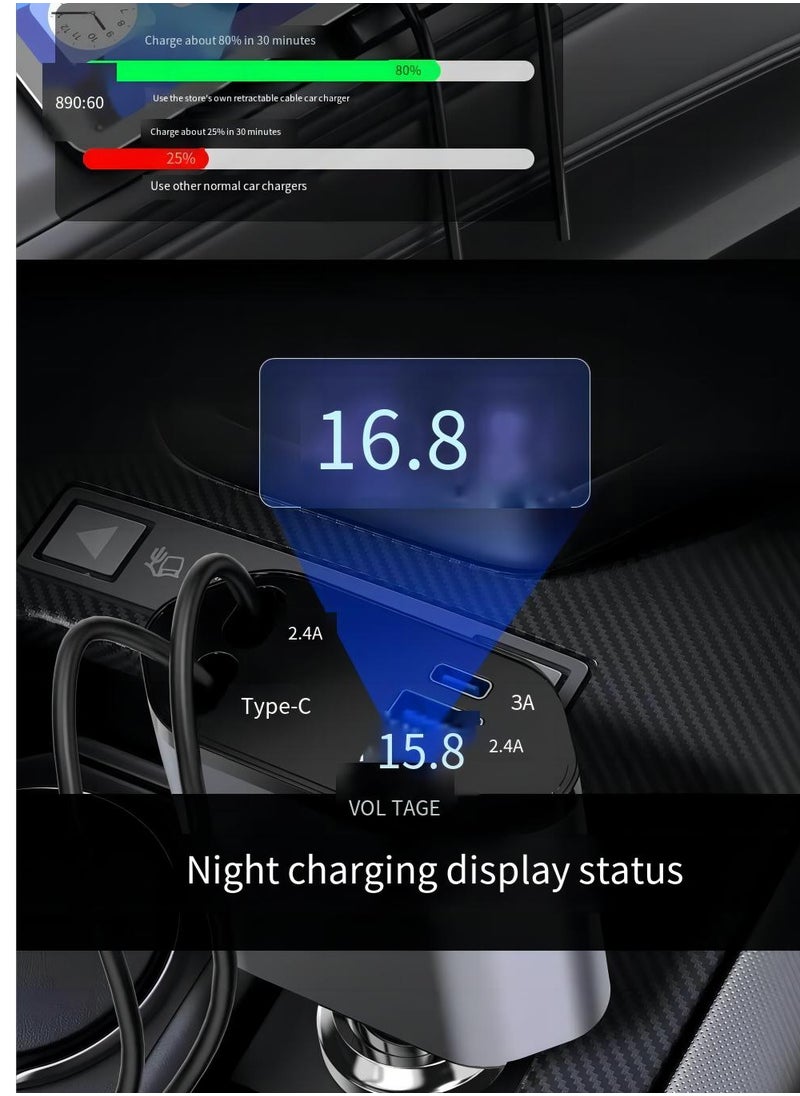 NIBEMINENT - 4-in-1 Retractable Car Charger With USB&Type-C&Lightning-Digital Display Cigarette Lighter,12/24V 120W Car Charger Adapter,Supports PD Fast Charging,Compatible with iPhone,Huawei,Honor,Samsung,Galaxy, - Image 1