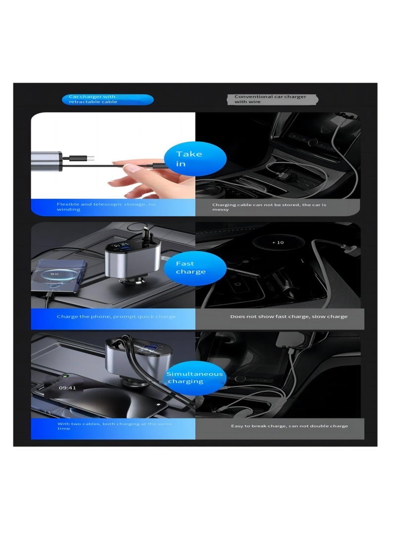 NIBEMINENT - 4-in-1 Retractable Car Charger With USB&Type-C&Lightning-Digital Display Cigarette Lighter,12/24V 120W Car Charger Adapter,Supports PD Fast Charging,Compatible with iPhone,Huawei,Honor,Samsung,Galaxy, - Image 1