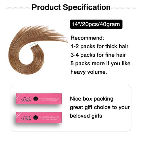 SUYYA Tape in Hair Extensions Human Hair 14 inches 40gpack 20pcs Straight Seamless Skin Weft Tape in Remy Human Hair Extensions14 inches 8 Light Brown - Image 3