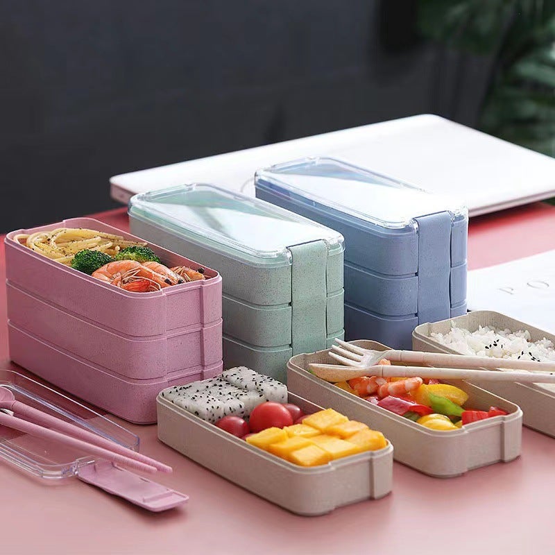 Wheat straw lunch box creative portable three-layer sealed lunch box microwave oven student compartment lunch box direct sales Nordic Beige 
