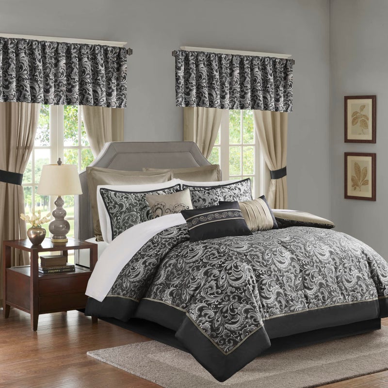 madison park Madison Park Essentials Brystol 24 Piece Room in a Bag Faux Silk Comforter Jacquard Paisley Design Matching Curtains Down Alternative All Season BeddingSet Queen90 in x 90 in Black 24 Piece 