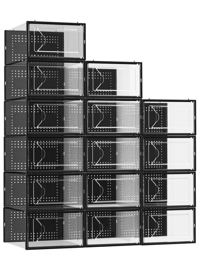 Foluck Foluck Shoe Storage Box, 15 Pack Clear Plastic Stackable Shoe Organizer for Closet, Interlocking Design Shoe Container Bins for Sneakers, Foldable Shoe Rack with Lids, Black - Image 1