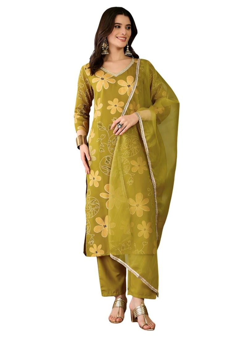 Naixa Women's Rayon Embroidered and Printed Straight Kurta with Pant and Dupatta Sets (NX-510-Lemon-XS) - Image 1