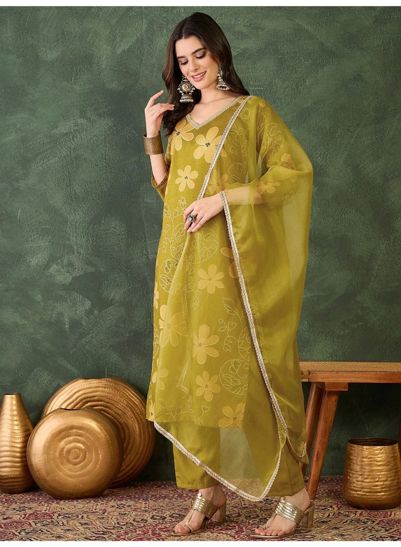 Naixa Women's Rayon Embroidered and Printed Straight Kurta with Pant and Dupatta Sets (NX-510-Lemon-XS) - Image 3