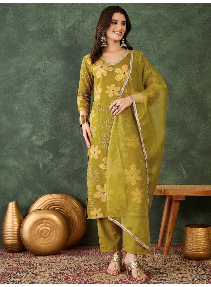 Naixa Women's Rayon Embroidered and Printed Straight Kurta with Pant and Dupatta Sets (NX-510-Lemon-XS) - Image 2