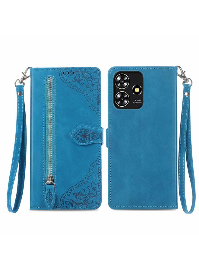 Green Tiger For ZTE Blade A73 4G Embossed Flower Zipper Leather Phone Case(Blue)