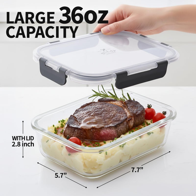 Zulay Kitchen 5 Piece Large 36oz Glass Tupperware Container Set with Lids - Premium BPA Free Borosilicate Glass Food Storage Containers - Leak-Proof Meal Prep - Microwave, Freezer & Oven Safe - Gray - Image 2