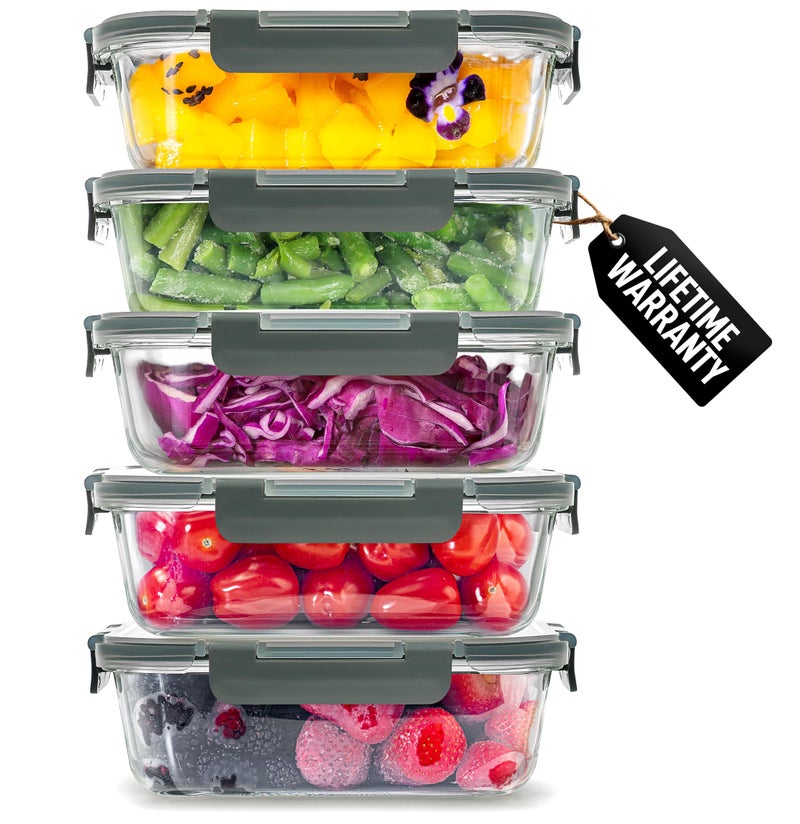 Zulay Kitchen 5 Piece Large 36oz Glass Tupperware Container Set with Lids - Premium BPA Free Borosilicate Glass Food Storage Containers - Leak-Proof Meal Prep - Microwave, Freezer & Oven Safe - Gray - Image 1