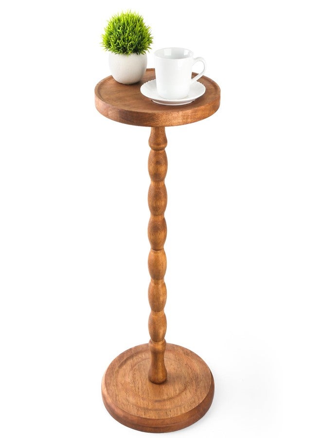 TRUDING Round Side Table, Rubberwood Small Drink Table, Solid Wood Coffee Table with Pedestal Accent for Small Spaces in Living Room, Bedroom, Sofa Couch, Corners (Brown, Round) - Image 1