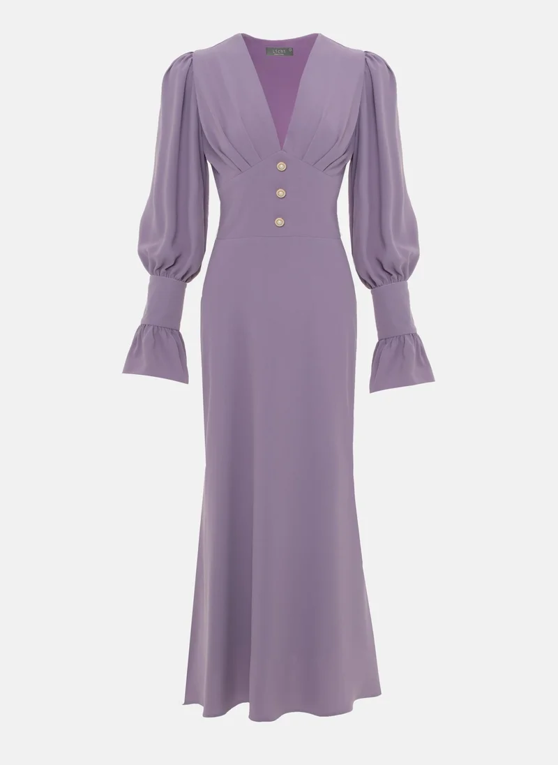 Lichi Midi dress with pleated bodice and voluminous cuffs