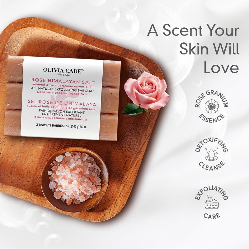 Olivia Care Exfoliating Bar Soap With Rose Himalayan Salt Natural Organic Infused wOatmeal Rose Essential Geranium Oil Moisturize Detoxify Hydrate 3 X 5 OZ - Image 4