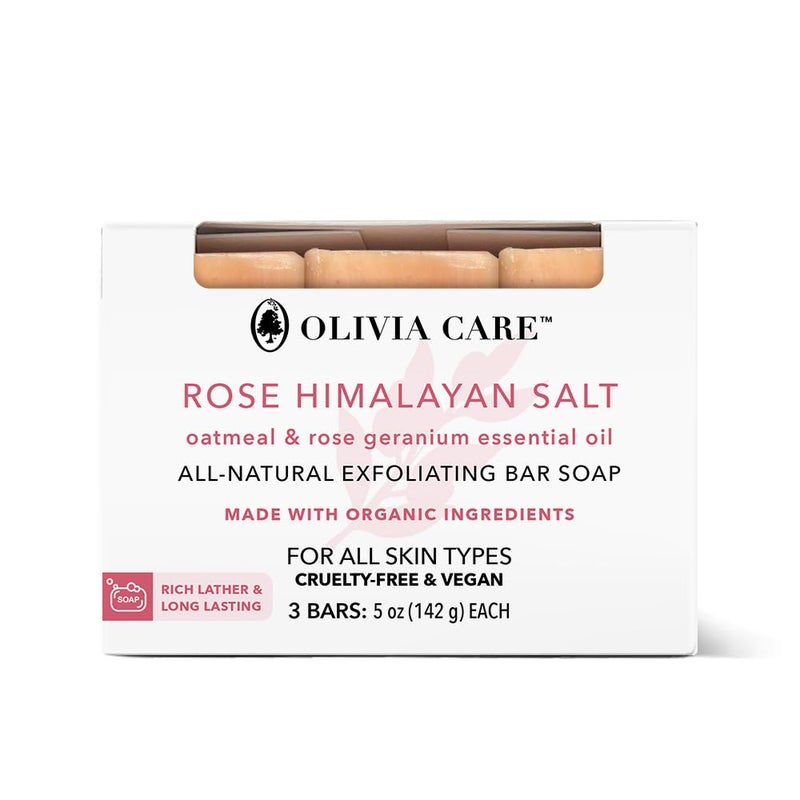 Olivia Care Exfoliating Bar Soap With Rose Himalayan Salt Natural Organic Infused wOatmeal Rose Essential Geranium Oil Moisturize Detoxify Hydrate 3 X 5 OZ - Image 1