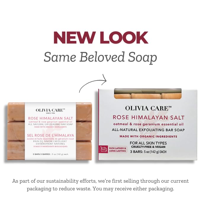 Olivia Care Exfoliating Bar Soap With Rose Himalayan Salt Natural Organic Infused wOatmeal Rose Essential Geranium Oil Moisturize Detoxify Hydrate 3 X 5 OZ - Image 2