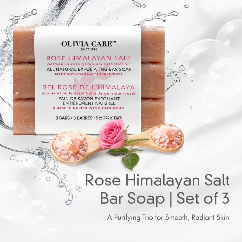 Olivia Care Exfoliating Bar Soap With Rose Himalayan Salt Natural Organic Infused wOatmeal Rose Essential Geranium Oil Moisturize Detoxify Hydrate 3 X 5 OZ - Image 3