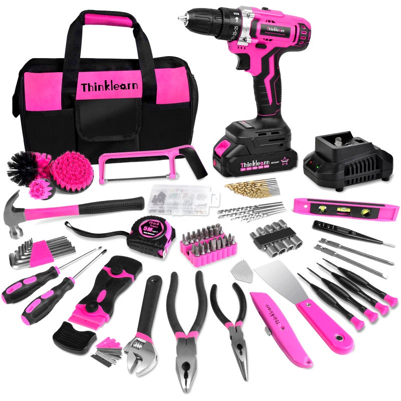ThinkLearn Tool Kit with 20V Cordless Drill(265in-lbs), Pink Drill Set for Women, Lady's Home Tool Kit for DIY, Daily Repair Tool Set as a Creative Gift with a Large-Capacity Tool Storage Bag - Image 1