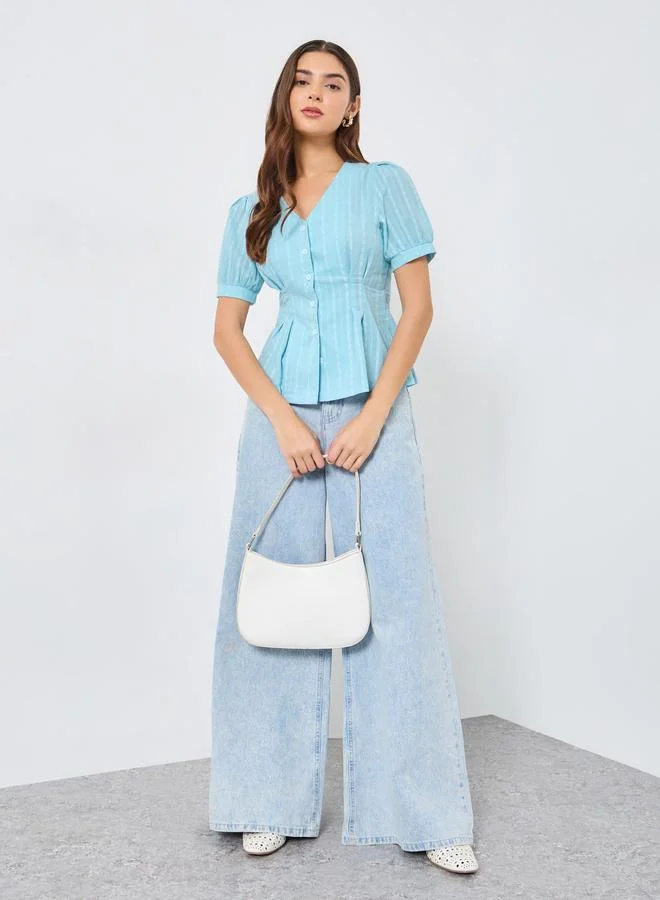 Take Two Light Blue Texture Puff Sleeve Buttoned Top