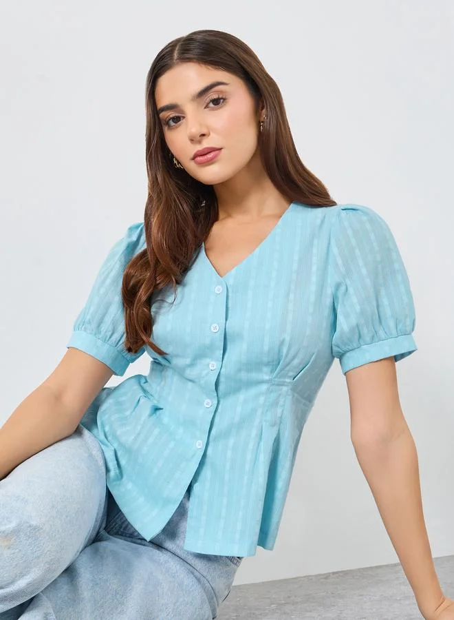 Take Two Light Blue Texture Puff Sleeve Buttoned Top