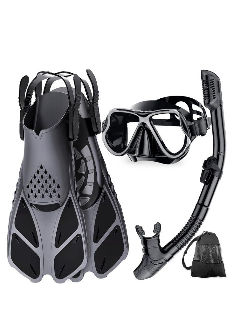 M MIAOYAN Adult Men’s and Women’s Snorkeling Gear, 4-in-1 Snorkel Set, featuring a panoramic diving mask with anti-fog and leak-proof design, dry-top snorkel, fins, and a travel bag. - Image 1