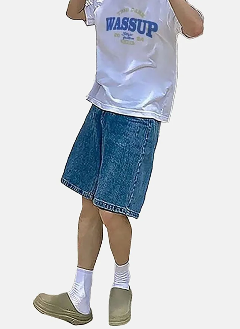 يونيكي Blue Mid Rise Soild Relaxed Fit Shorts