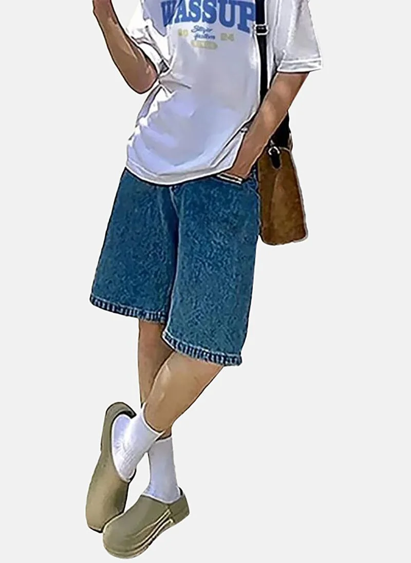 يونيكي Blue Mid Rise Soild Relaxed Fit Shorts