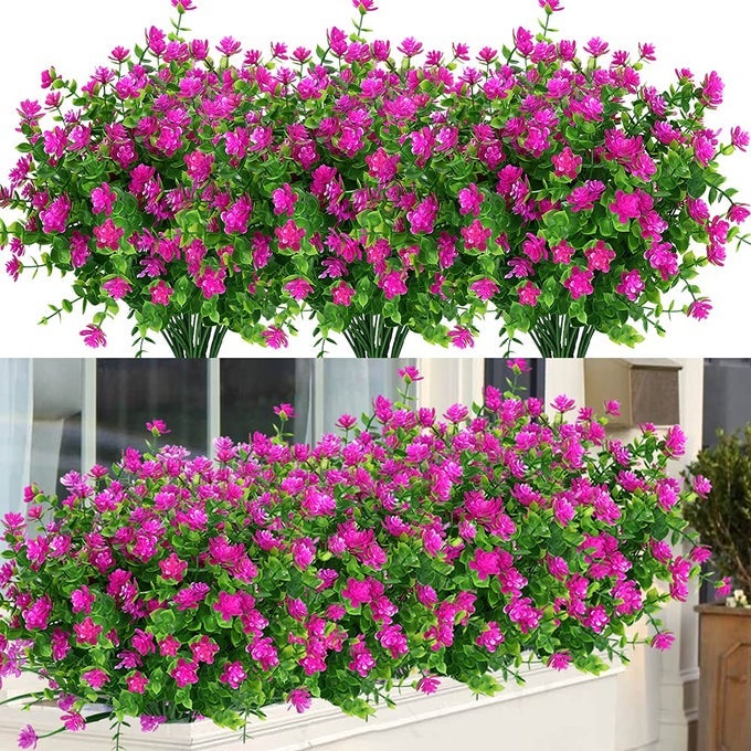 24 Bundles Outdoor Artificial Flowers UV Resistant Fake Boxwood Plants Faux Greenery for Indoor Outside Hanging Plants Garden Porch Window Box Home Wedding Farmhouse Dcor Magenta
